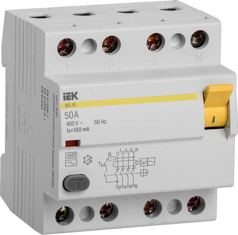 Дифференциальный автомат IEK ВД1-63 4Р 50А 100мА / MDV10-4-050-100 — фото 1