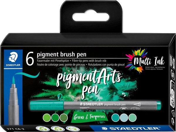 Набор капиллярных ручек Staedtler Pigment Brush. Greens&Turquoises / 371 C6-3 (6цв)