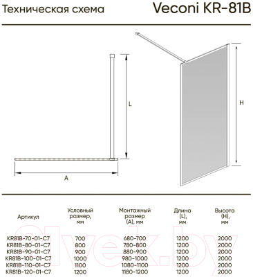 Душевая стенка Veconi 90x200 / KR81B-90-01-C8 (стекло прозрачное/черный)