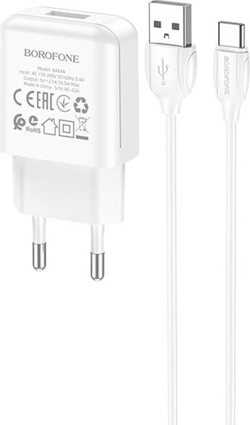 Зарядное устройство сетевое Borofone BA64A + кабель AM-Type-C (белый)