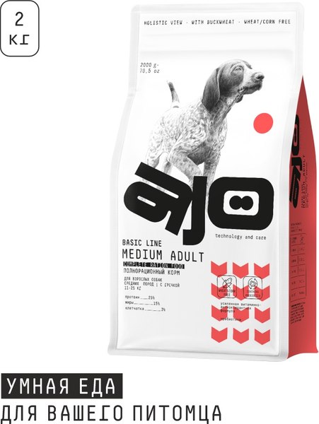 Сухой корм для собак AJO Medium Adult для взрослых собак ср. пород с говядиной и гречкой (2кг)