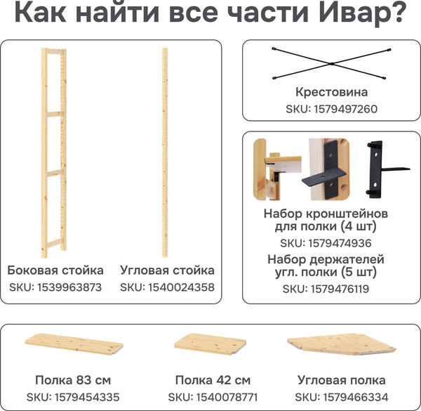 Изображение товара База для стеллажа Dipriz Ивар 1790 угловой / Д.7588 (сосна, без отделки)