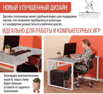 Письменный стол Millwood Каир 1 с вырезом 130x85x75 (бетон/металл белый)