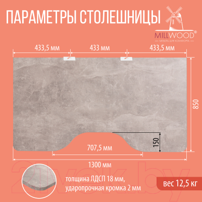 Письменный стол Millwood Каир 1 с вырезом 130x85x75 (бетон/металл белый)