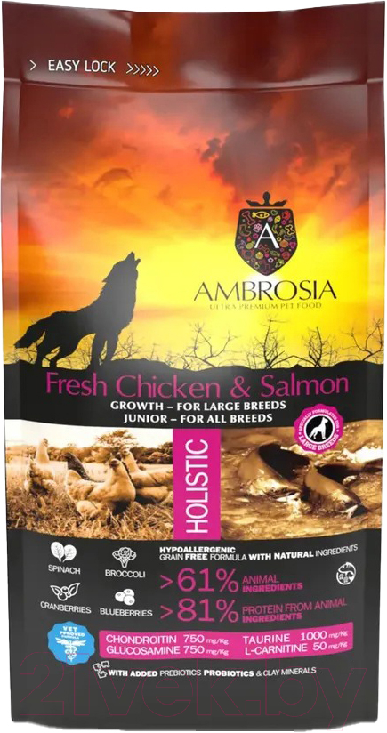 Сухой корм для собак Ambrosia Grain Free для щенков крупных пород курица и лосось / U/ACSL12 (12кг)