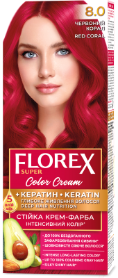 Крем-краска для волос Florex Super Кератин тон 8.0 красный коралл