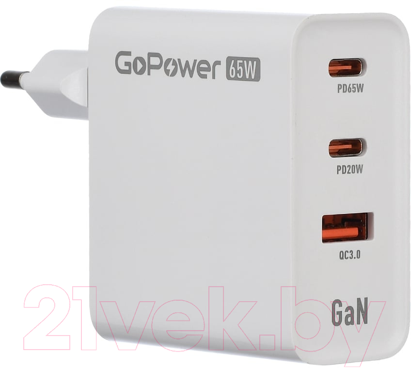 Адаптер питания сетевой GoPower 1USB+2TYPE-C 65W QC3.0 GAN / 00-00028405