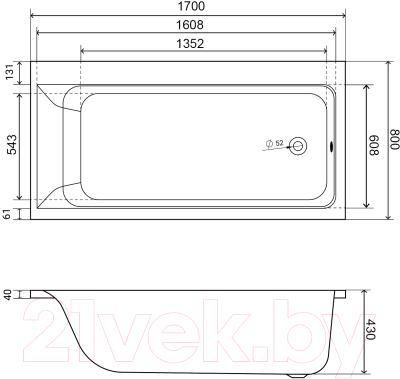 Ванна акриловая Lauter Seraphina 170x80 / 2112170R (с ножками и лицевым экраном)