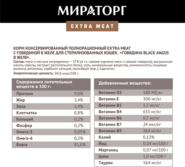 Влажный корм для кошек Мираторг Black Angus для стерилизованных кошек с говядиной (80г)