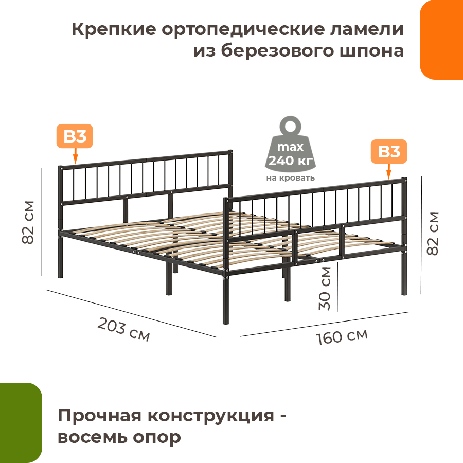 Двуспальная кровать Домаклево Металика В3+В3 160x200 (черный) — фото 3
