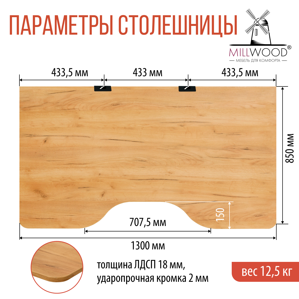 Столешница для стола Millwood С вырезом 130x85x1.8