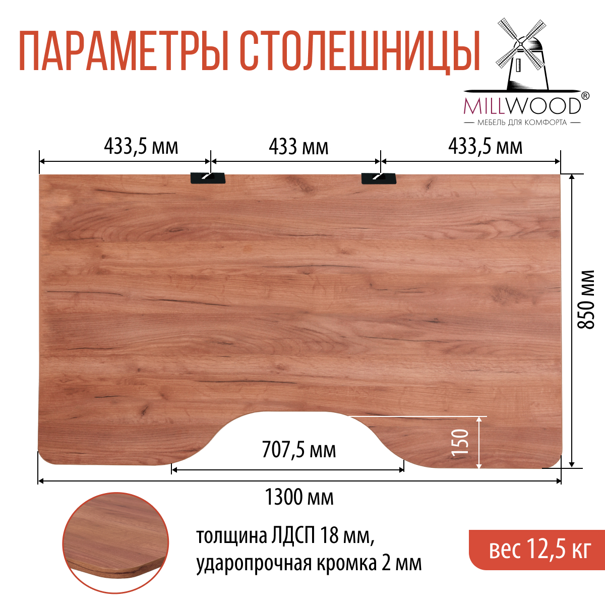 Столешница для стола Millwood С вырезом 130x85x1.8