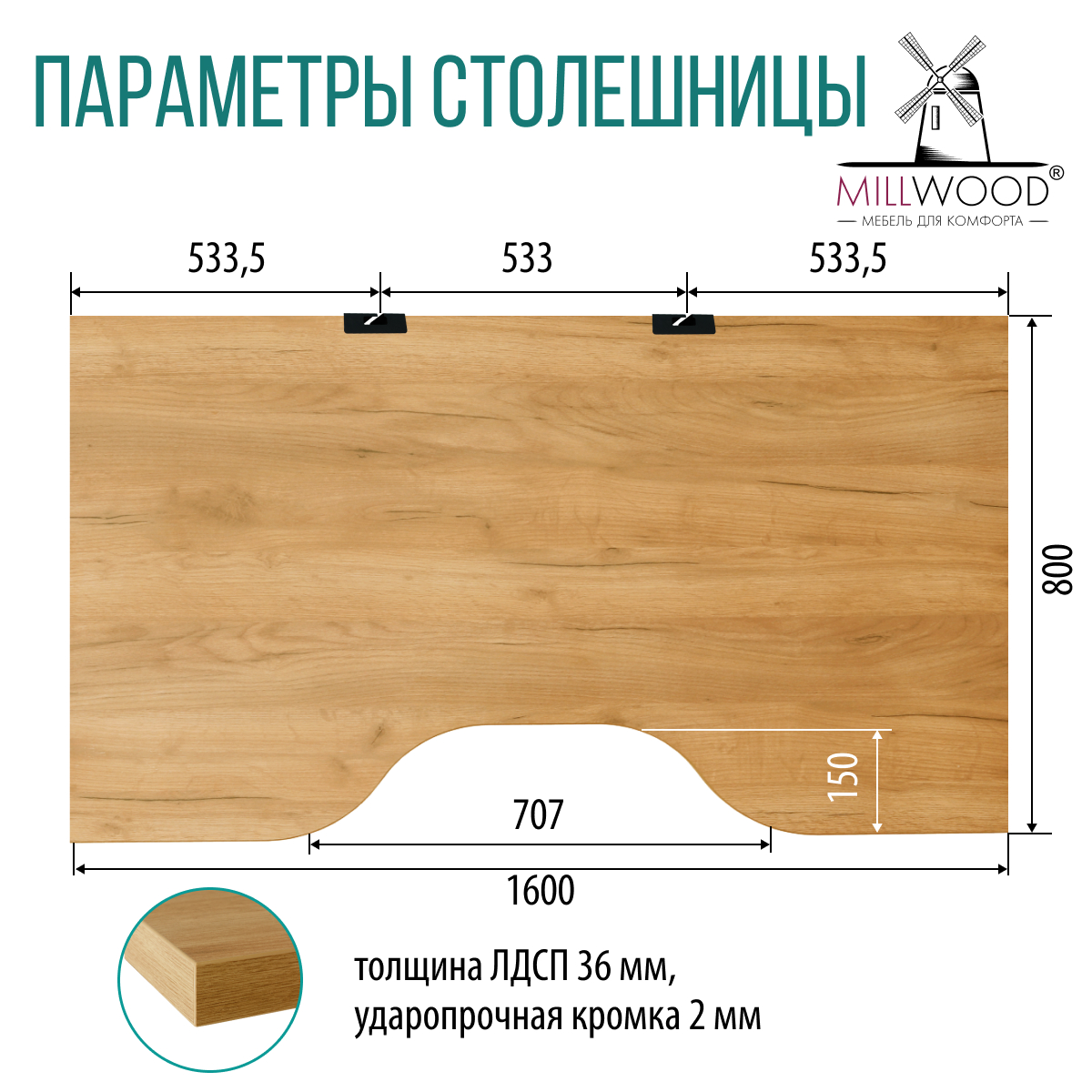 Столешница для стола Millwood С вырезом 160x80x3.6