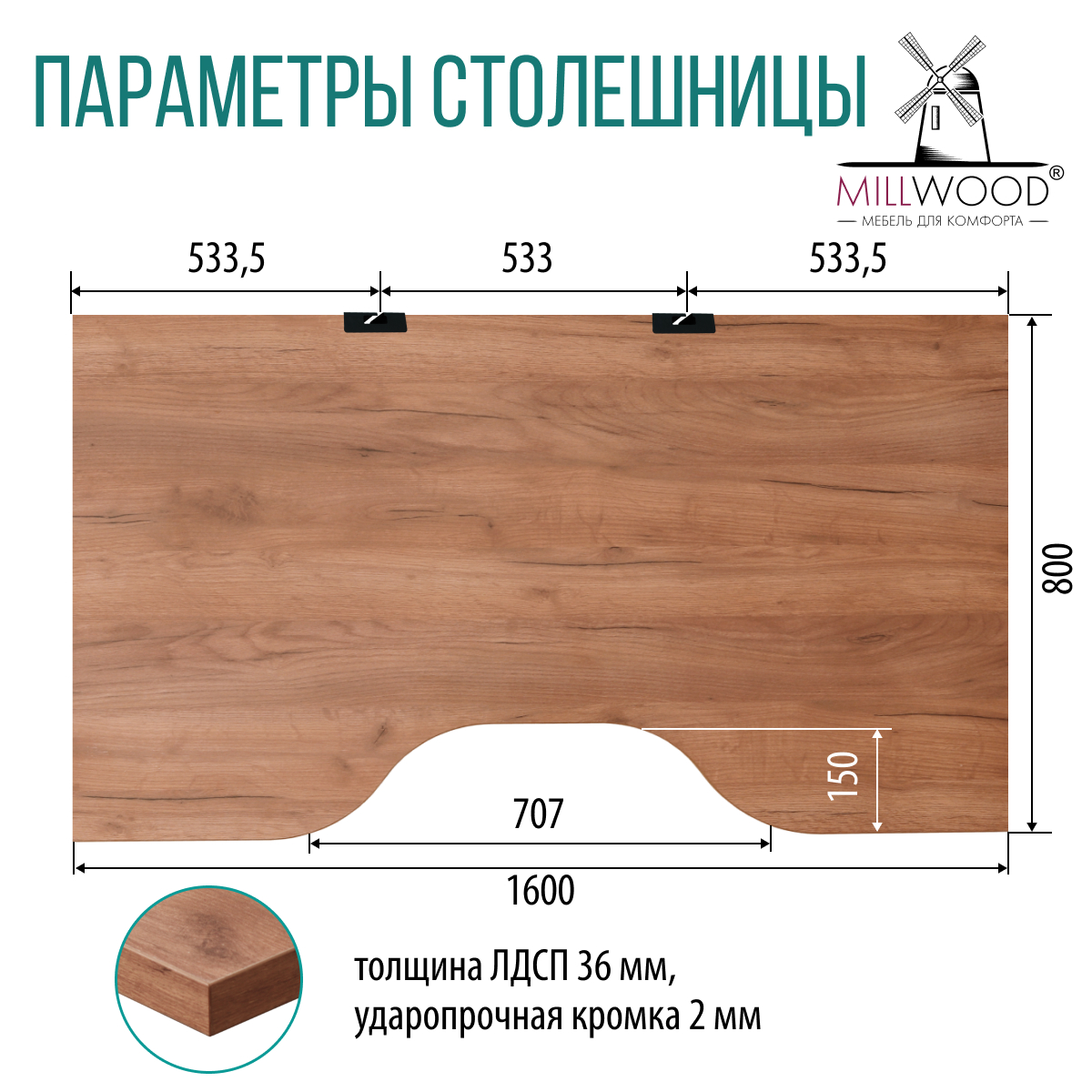 Столешница для стола Millwood С вырезом 160x80x3.6