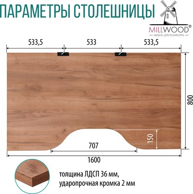 Купить Столешница для стола Millwood С вырезом 160x80x3.6  