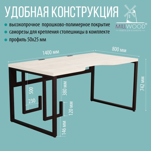Компьютерный стол Millwood Каир 2 с вырезом 140x80x74.2 (дуб белый Craft/металл черный)