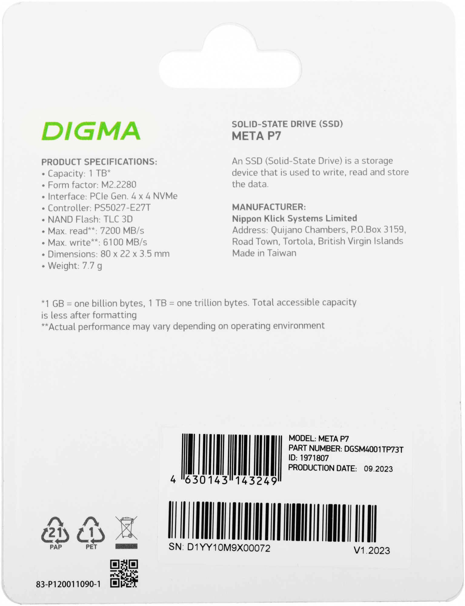 SSD диск Digma Meta P7 M.2 2280 1TB DGSM4001TP73T