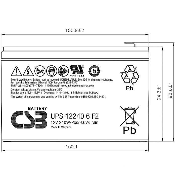 Аккумуляторная батарея CSB UPS122406 F2 12В — фото 2