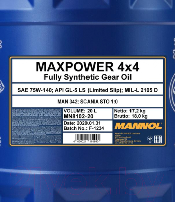 Трансмиссионное масло Mannol Maxpower 4x4 GL-5 75W140 / MN8102-20 (20л)
