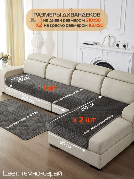 Комплект накидок на диван MATEX Дивандек / 64-435 (темно-серый, 3шт)