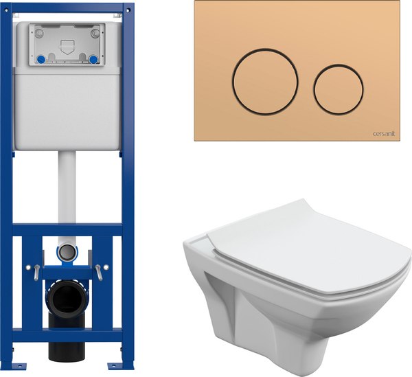 Унитаз подвесной с инсталляцией Cersanit Carina New Clean On с инстал. Link Pro (с кнопкой Twins 63524 золото матовый)