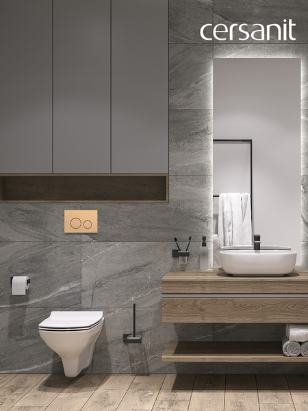 Унитаз подвесной с инсталляцией Cersanit Carina New Clean On с инстал. Link Pro (с кнопкой Twins 63524 золото матовый)