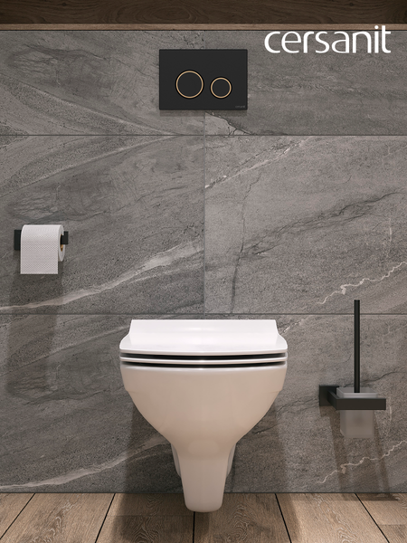 Унитаз подвесной с инсталляцией Cersanit Carina New Clean On с инстал. Link Pro (с кнопкой Twins 63534 черный/золото)