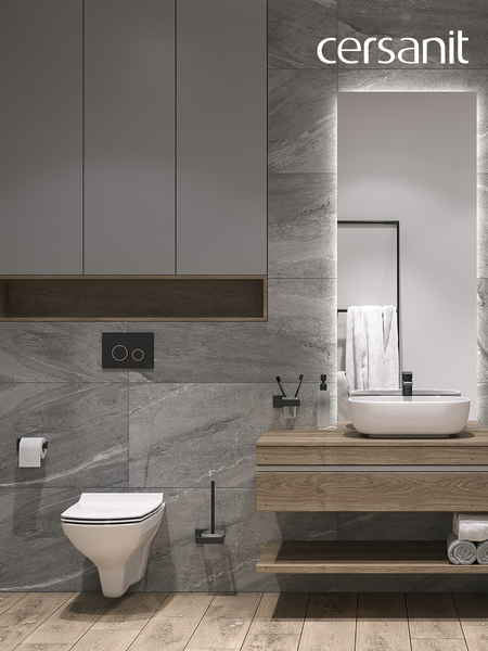 Унитаз подвесной с инсталляцией Cersanit Carina New Clean On с инстал. Link Pro (с кнопкой Twins 63534 черный/золото)