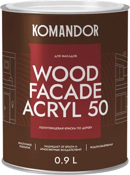 Краска KOMANDOR Wood Facade Akryl 50 База А (0.9л, полуглянцевый)