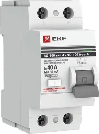 Устройство защитного отключения EKF PROxima ВД-100 2P 40А 30мА тип A / elcb-2-40-30-em-a-pro