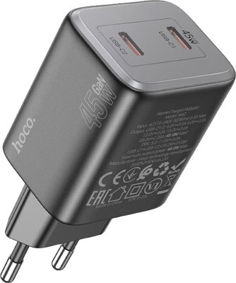 Адаптер питания сетевой Hoco N42 Elogiado 45W 3A+2.25A (PD+QC+AFC) 2xUSB Type-C (черный) - 
