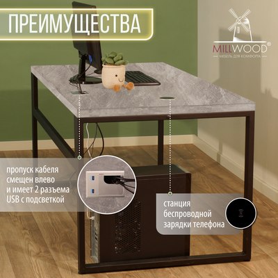 Компьютерный стол Millwood Каир Смарт 160x80x74.2 (бетон/металл черный)