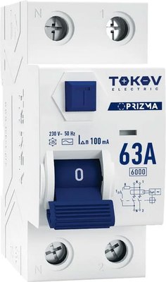 Устройство защитного отключения Tokov Electric 2П (1P+N) 63А 300мА AC 6кА / TKE-PZ60-RCDM-2-63-300-AC