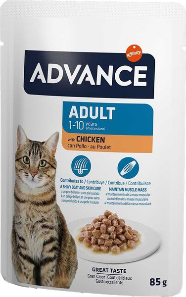Влажный корм для кошек Advance для взрослых кошек от 1 до 10 лет кусочки курицы в соусе (85г)