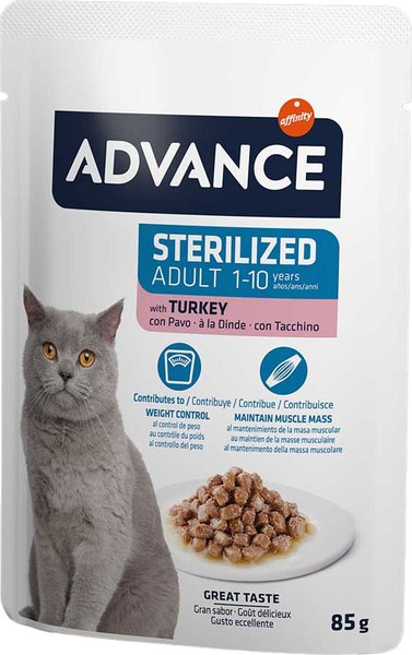 Влажный корм для кошек Advance Sterilized кусочки нежной индейки в соусе (85г)