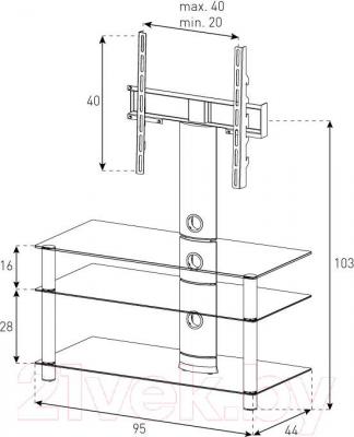 Стойка для ТВ/аппаратуры Sonorous NEO 953-B-SLV - габаритные размеры