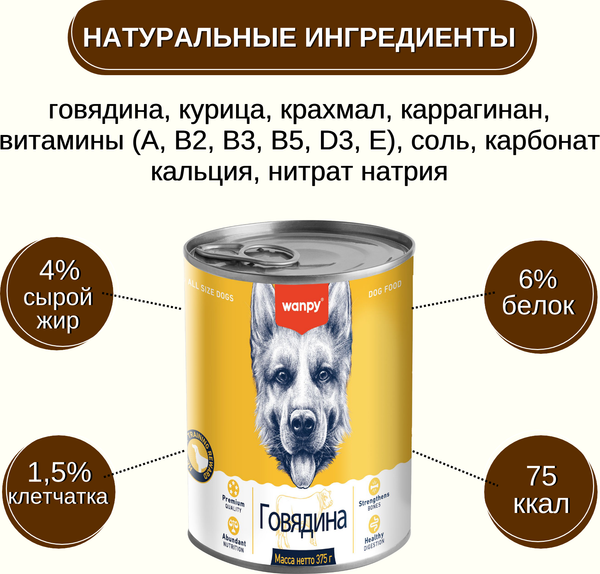 Влажный корм для собак Wanpy Dog говядина (375г)