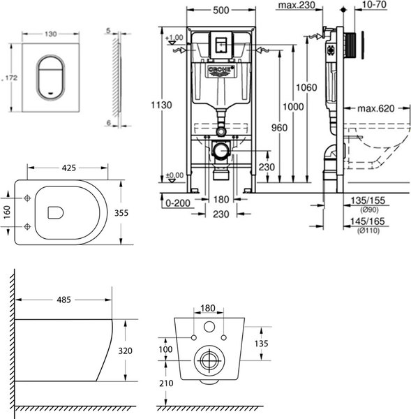 Унитаз подвесной с инсталляцией Lauter Sulzdorf + GROHE Rapid SL 39504000 + панель GROHE 37131000 (белый с микролифтом)