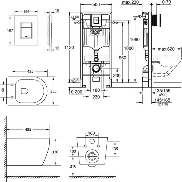 Унитаз подвесной с инсталляцией Lauter Sulzdorf + GROHE Rapid SL 38772001 + панель GROHE 37131000 (белый с микролифтом)