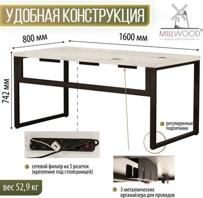 Компьютерный стол Millwood Каир Смарт 160x80x74.2 (дуб белый Craft/металл черный)