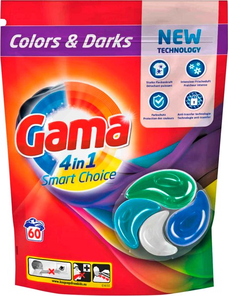 Капсулы для стирки GAMA 4in1 Smart Choice Colors&Darks для цветного и темного белья (60шт)