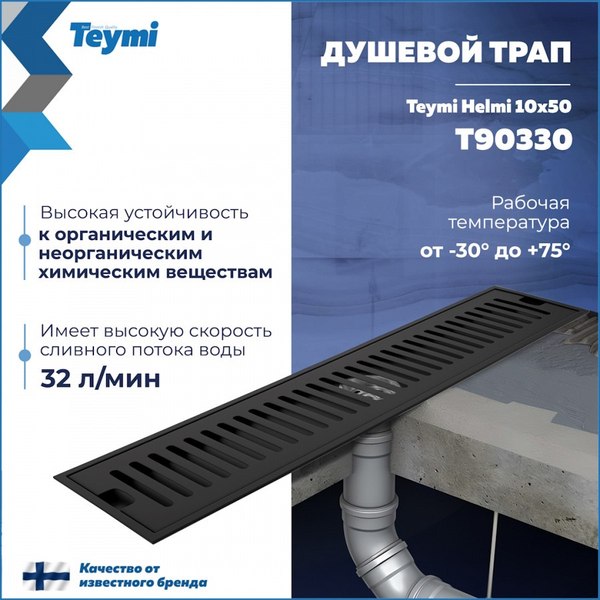 Трап для душа Teymi Helmi / T90330 (черный)