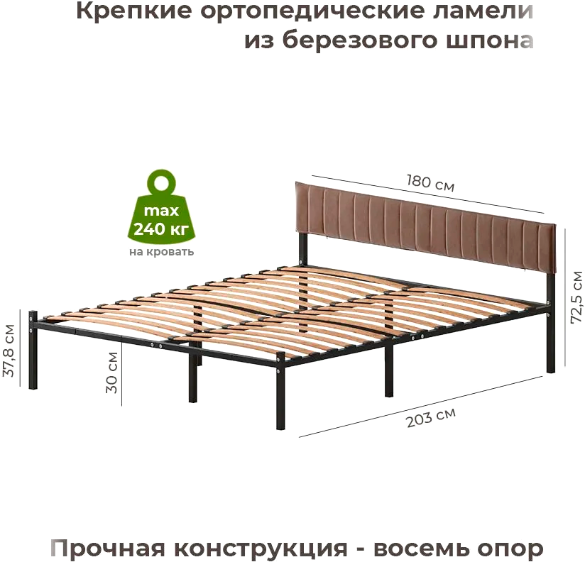 Двуспальная кровать Домаклево Лофт Компакт 180x200 (черный/коричневый велюровый чехол) — фото 5