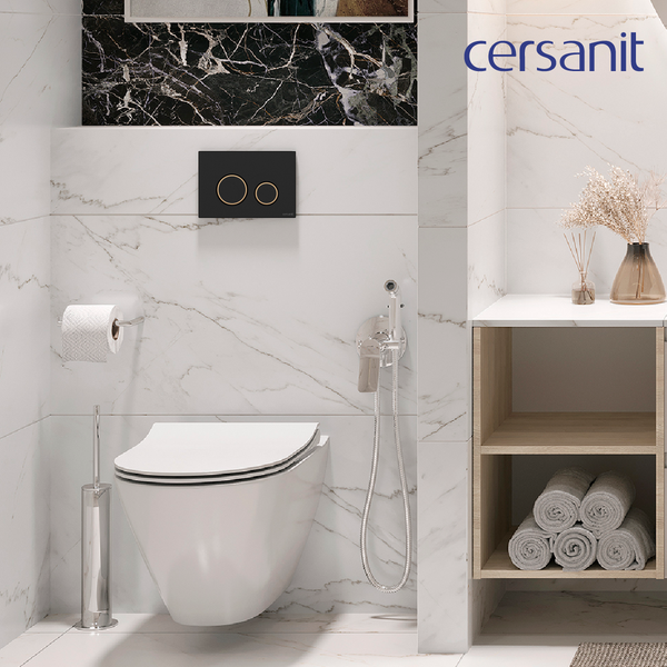 Унитаз подвесной с инсталляцией Cersanit City Smart CO DPL EO Slim + Link PRO / 68308 (с кнопкой Twins черный матовый/золото)