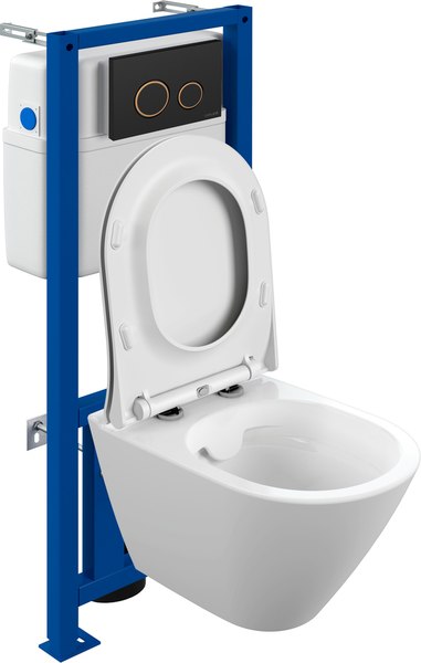 Унитаз подвесной с инсталляцией Cersanit City Smart CO DPL EO Slim + Link PRO / 68308 (с кнопкой Twins черный матовый/золото)