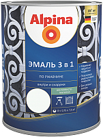 Эмаль Alpina По ржавчине 3 в 1 RAL9003 (750мл, шелковисто-матовый белый) - 