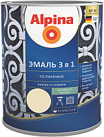 Эмаль Alpina По ржавчине 3 в 1 RAL1015 (750мл, шелковисто-матовый слоновая кость) - 