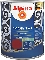 Эмаль Alpina По ржавчине 3 в 1 RAL3011 (750мл, шелковисто-матовый красно-коричневый) - 