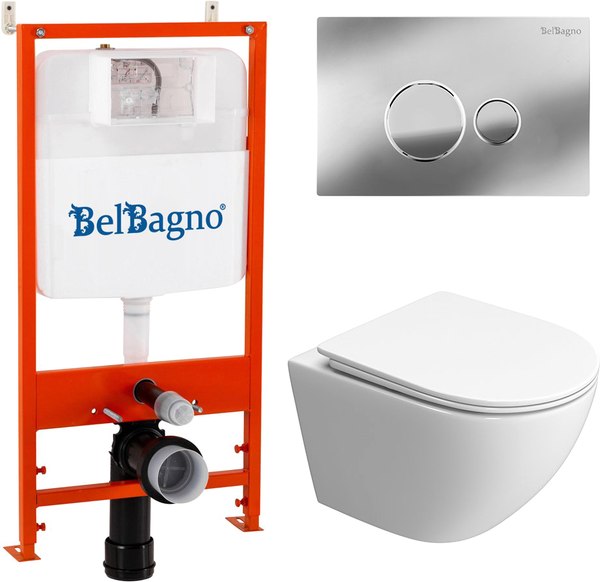 Унитаз подвесной с инсталляцией BelBagno BB5177CH-TOR/SC/BB026/BB081CR (с сиденьем)