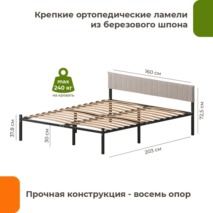 Двуспальная кровать Домаклево Лофт Компакт 160x200 (черный/бежевый велюровый чехол) — фото 5